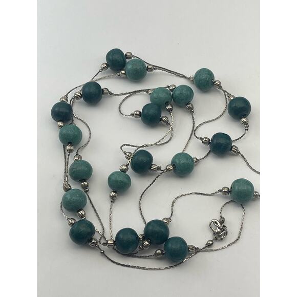 Vintage Green Beaded Silver Tone Bead Chain Necklace B8 - Picture 8 of 9